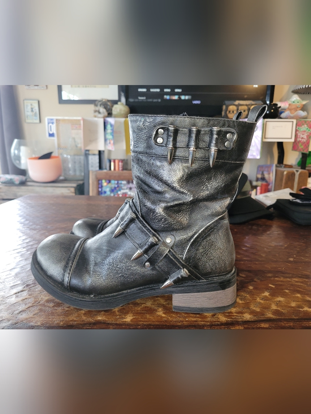 Lollipop Black Distressed Leather Bullet Accent Moto Boots